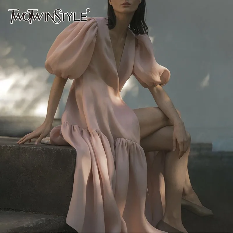 TWOTWINSTYLE Elegant Solid Women Dress V Neck Puff Sleeve Bandage Oversized Midi Dresses Female Fashion Clothes 2019 Summer
TWOTWINSTYLE Elegant Solid Women Dress V Neck Puff Sleeve Bandage Oversized Midi Dresses Female Fashion Clothes 2019 Summer