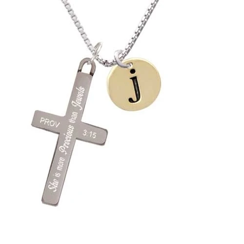 Gold Tone Disc 1/2'' Initial - j - - She is More Precious - Cross Necklace (1)