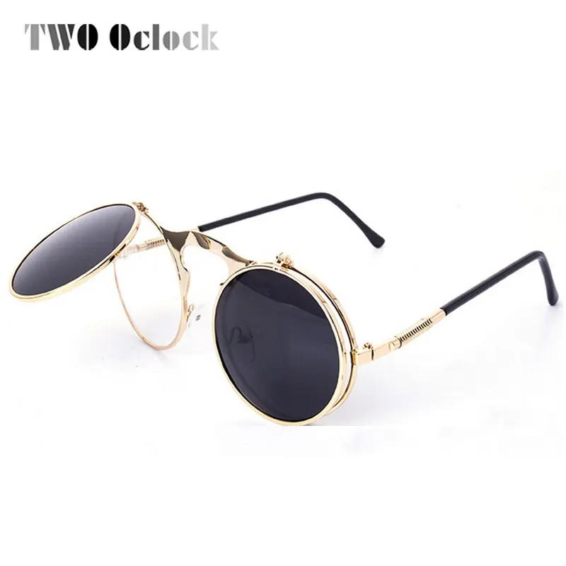 

TWO Oclock Vintage Steampunk Goggles Round Sun Glasses For Women Men Retro Double Flip Punk Sunglasses Myopia Spectacles Oculos