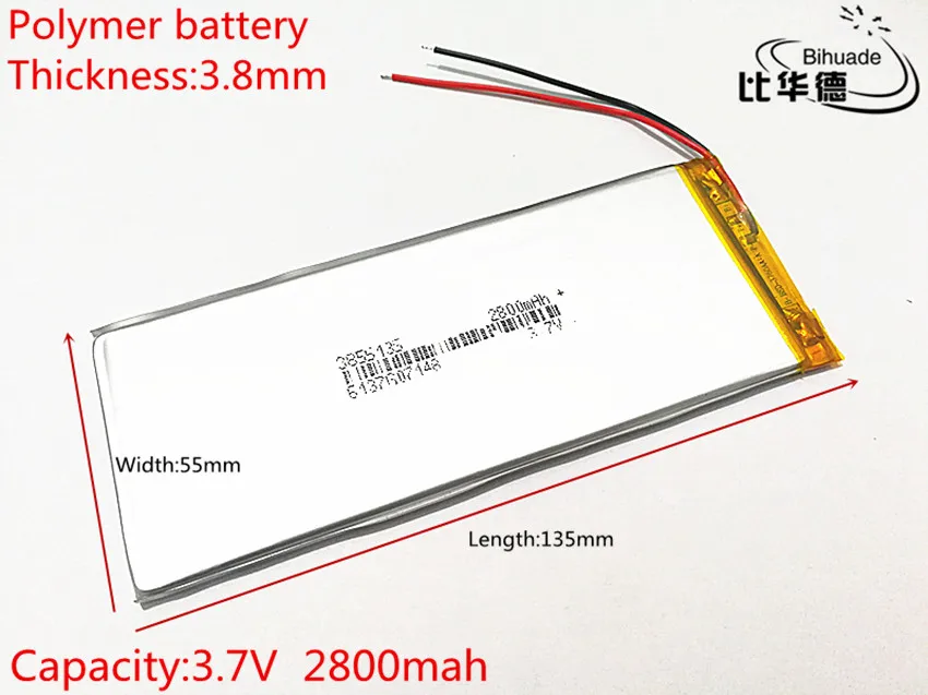 3.7V 2800mAh 3855135 Lithium Polymer Li-Po li ion Rechargeable Battery cells For Mp3 MP4 MP5 GPS PSP mobile bluetooth
3.7V 2800mAh 3855135 Lithium Polymer Li-Po li ion Rechargeable Battery cells For Mp3 MP4 MP5 GPS PSP mobile bluetooth