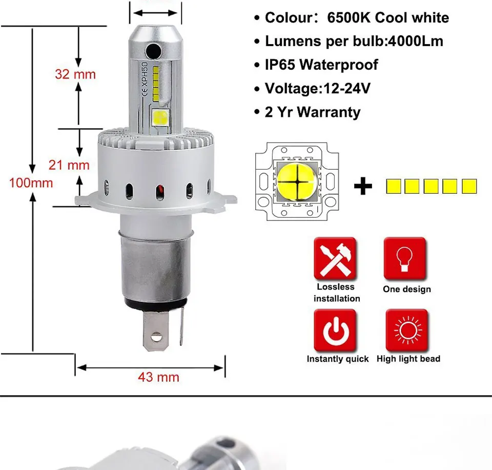 Auto Headlamp LED Light H1 H4 H7 Car Headlight Bulbs H11 9005 9006 LED Lamp Kit 12V 24V Automotive 80W 9600LM CREE LEDs (4)