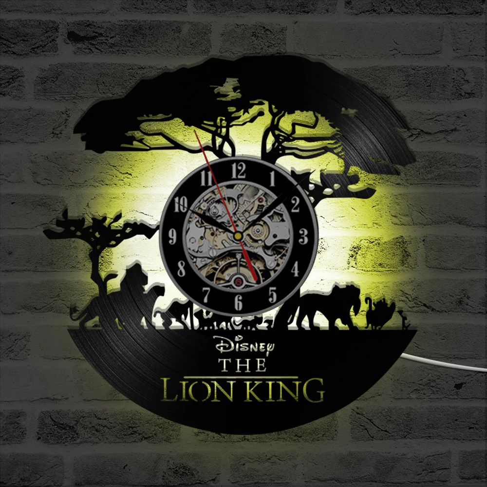Мультфильм Король Лев 3D Запись часы Креативный полый висит винил светодиодный