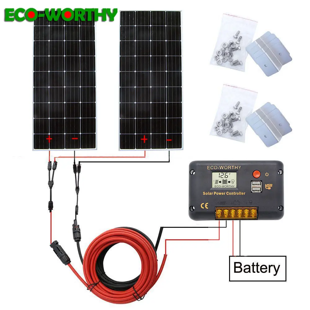 

ECOworthy 320W 12/24V solar system: 2pcs 160W mono solar panel& 20A controller& 5m black red cables Z charge FOR 12V battery kit