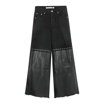Spring Fall Designer Fashion Women Black PU Leather Patchwork Wide Leg High Waisted Denim Trousers , Loose Jeans Pants For Woman
Spring Fall Designer Fashion Women Black PU Leather Patchwork Wide Leg High Waisted Denim Trousers , Loose Jeans Pants For Woman