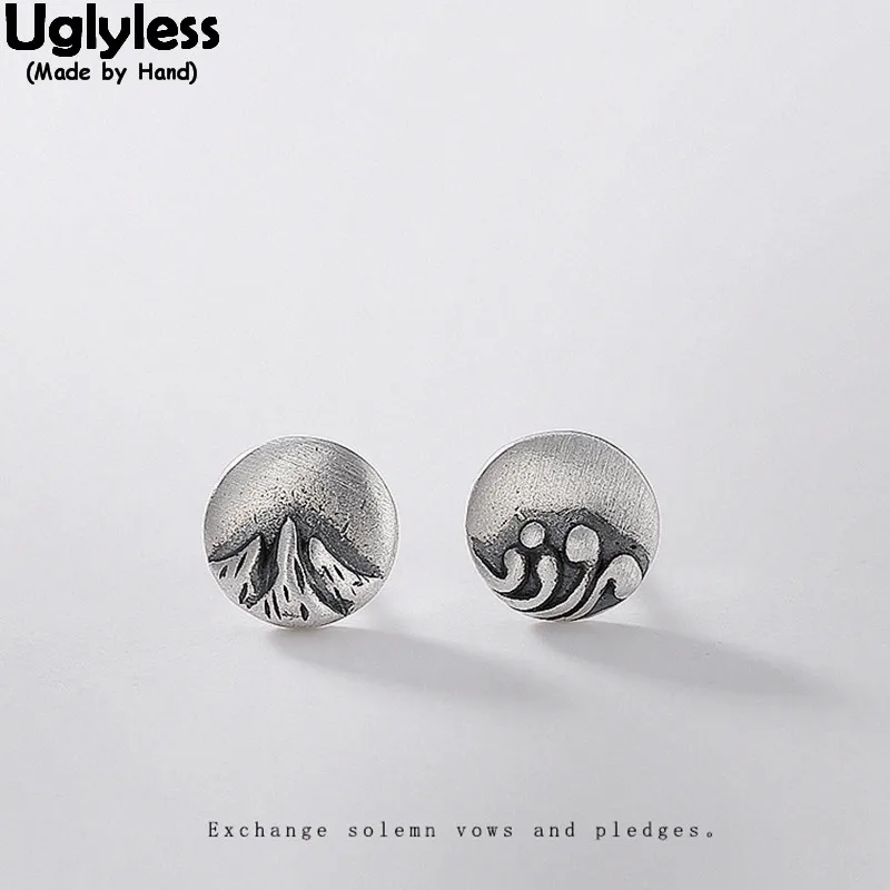 Uglyless 100% Real Solid 925 Silver Round Studs Earrings Women Handmade Mountain Wave Asian Culture LOVE Fine Jewelry | Украшения и