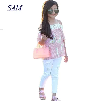 2019 hot sale fashion girls clothing sets Stripe Print Sling Short Sleeves tops + white hole pencil pants 2 pcs fashion clothes
2019 hot sale fashion girls clothing sets Stripe Print Sling Short Sleeves tops + white hole pencil pants 2 pcs fashion clothes