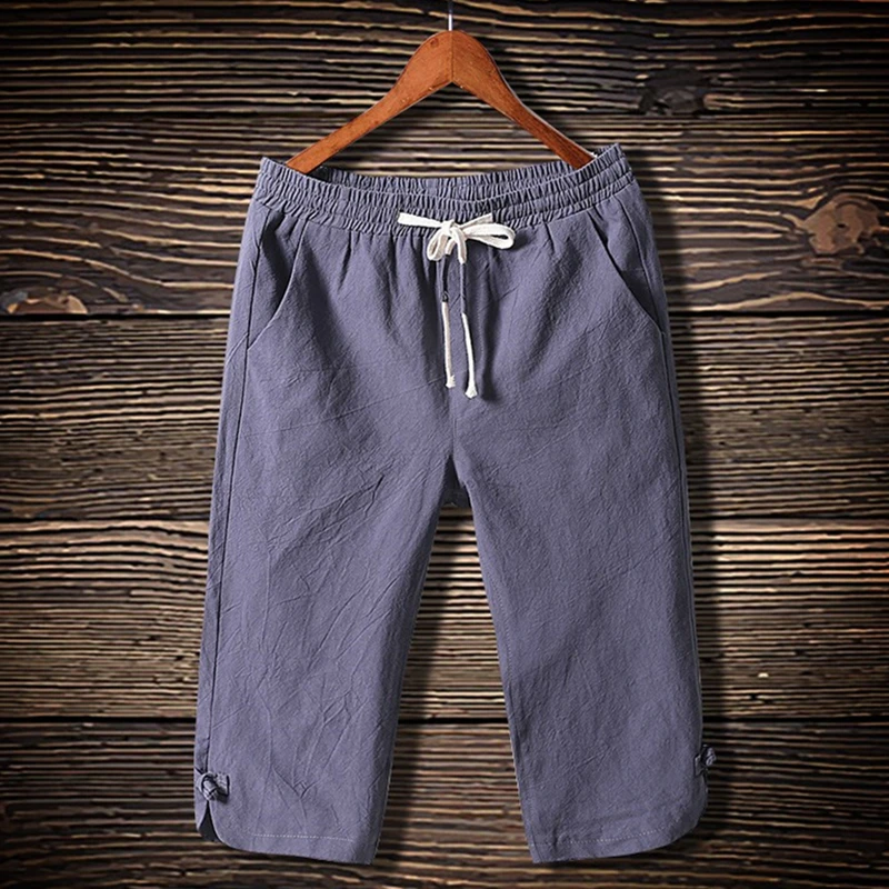 Мужские летние брюки средней длины большого размера с эластичной резинкой на