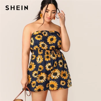 

SHEIN Plus Sunflower Print Shirred Waist Tube Romper 2019 Boho Summer Frill Playsuit Sleeveless Strapless Jumpsuits
