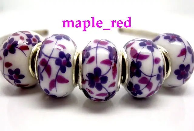 50pcs /Lot Purple Flower Silver Core Big Hole Ceramic Beads Fit European Charms Bracelet and Necklace DIY Jewelry making SB46 | Украшения и