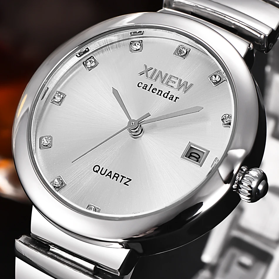 100% XINEW Лидирующий бренд Роскошные женские кварцевые часы с датой из нержавеющей