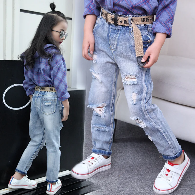 Korean Style Fashion Children Broken Hole Pants Brief Casual Solid Elastic Waist Girls Jeans Soft Mid Street Wind Kids | Мать и ребенок