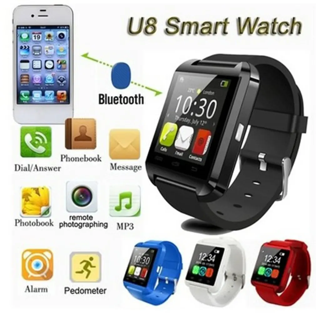 U8 Bluetooth Smart Watch Passometer Altimeter Music Player Wrist Watch Remote Control Photography Sports Watch
U8 Bluetooth Smart Watch Passometer Altimeter Music Player Wrist Watch Remote Control Photography Sports Watch