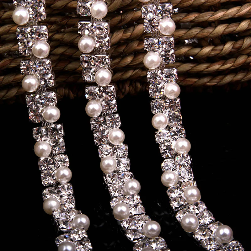 

1 Yard 1.1 CM Square Pearl Crystal Rhinestone Trims Chain Applique for Wedding Dress Trimmings Sewing Crafts Silver Gold