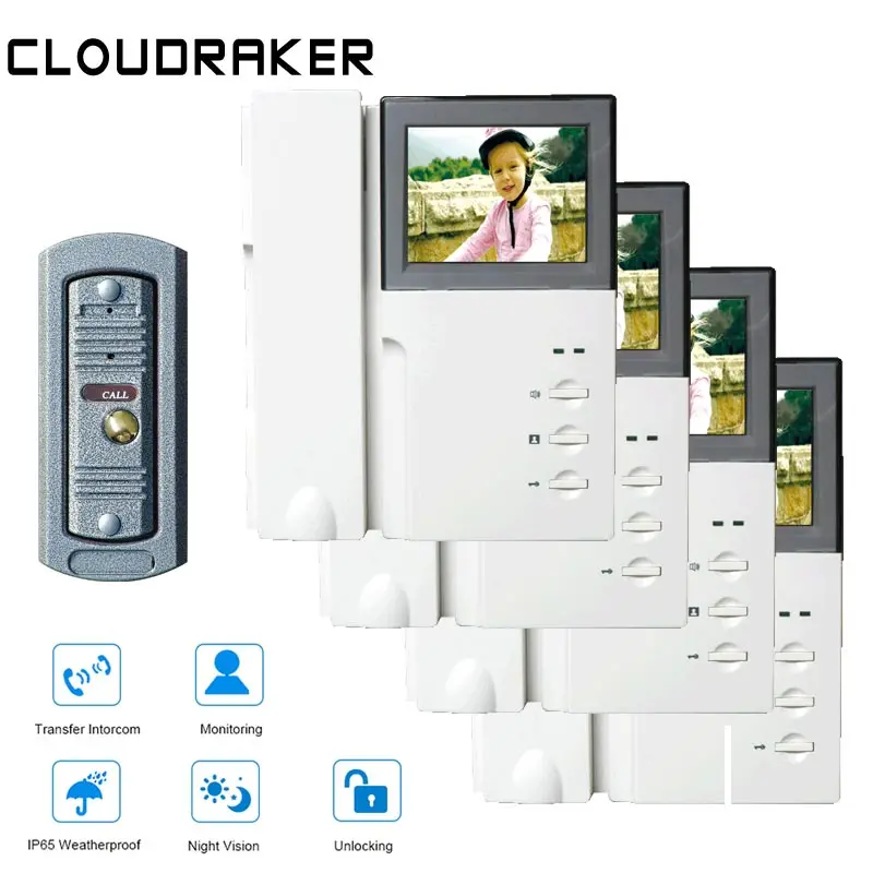 CLOUDRAKER 4.3'' Video Intercom System 4x Monitor with 1x Pinhole Wired Video Door Phone Camera IR Night Vision Unlock
CLOUDRAKER 4.3'' Video Intercom System 4x Monitor with 1x Pinhole Wired Video Door Phone Camera IR Night Vision Unlock