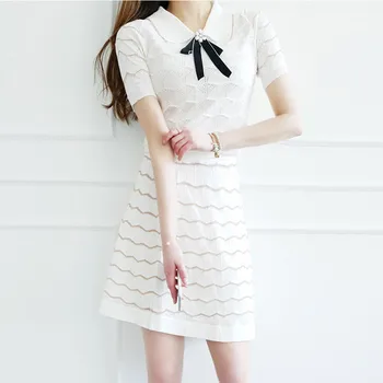Korean Style Summer Knitted 2 Piece Set Women Turn-down Collar Short Sleeves Bow Tops Elastic Waist Mini Skirts Fashion
Korean Style Summer Knitted 2 Piece Set Women Turn-down Collar Short Sleeves Bow Tops Elastic Waist Mini Skirts Fashion