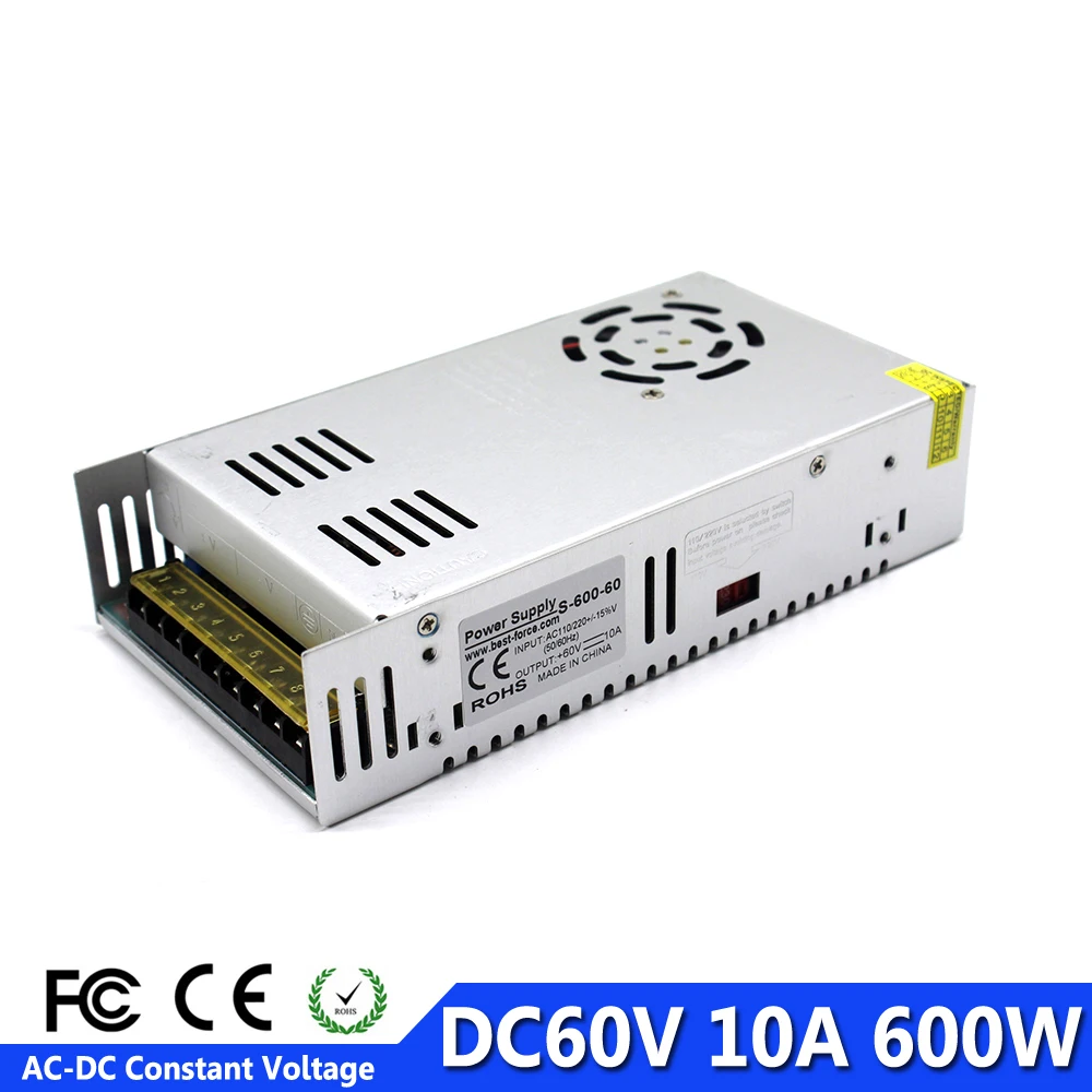 Power Supply dc60V 10A 600w Power Source Driver Transformer 110V 220V AC to DC 60V Power Adapter For CNC Machine DIY CCTV Motor
Power Supply dc60V 10A 600w Power Source Driver Transformer 110V 220V AC to DC 60V Power Adapter For CNC Machine DIY CCTV Motor