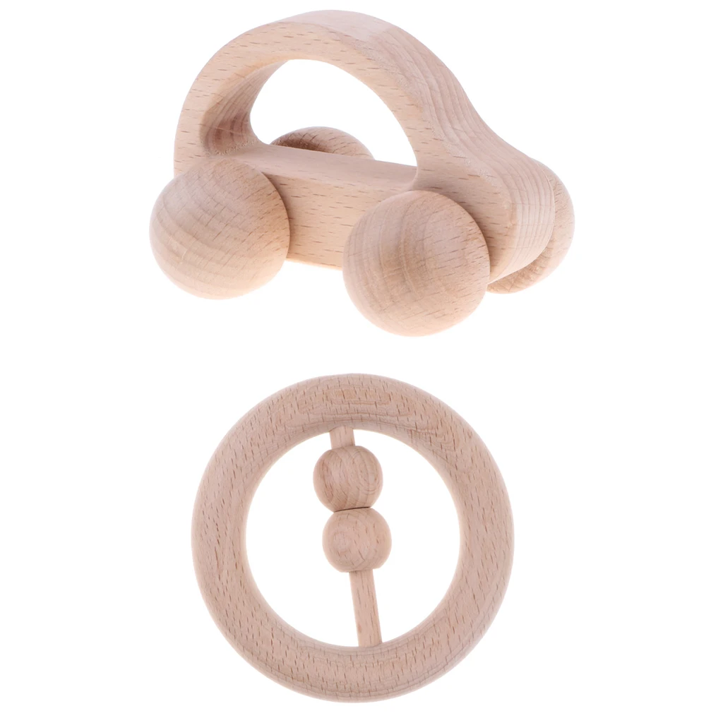 2 PCS Wooden Rattle Educational Grasping Montessori Developmental Toy Car + Ring