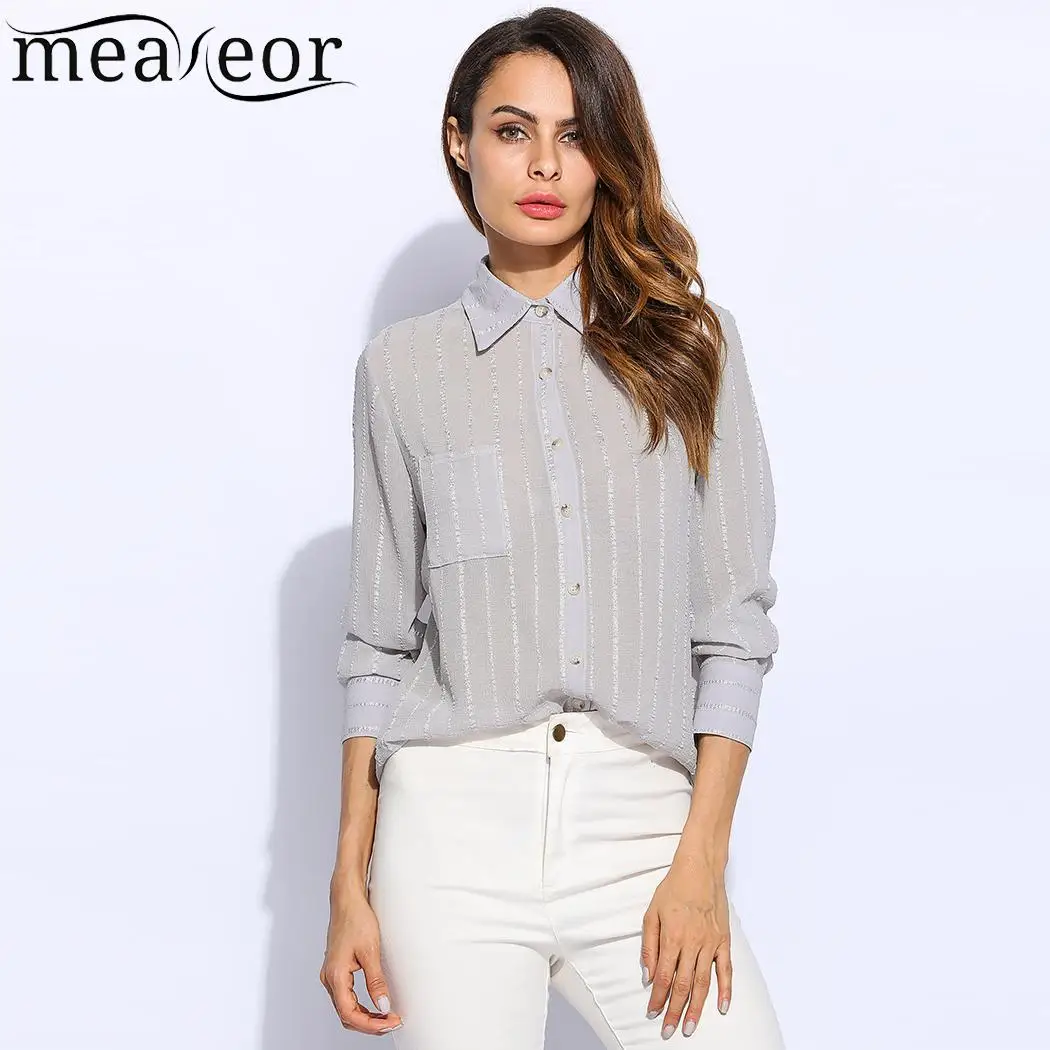 Shirt Women Long Sleeve Turn-Down Collar Pocket Stripped Print Slim Fashion |