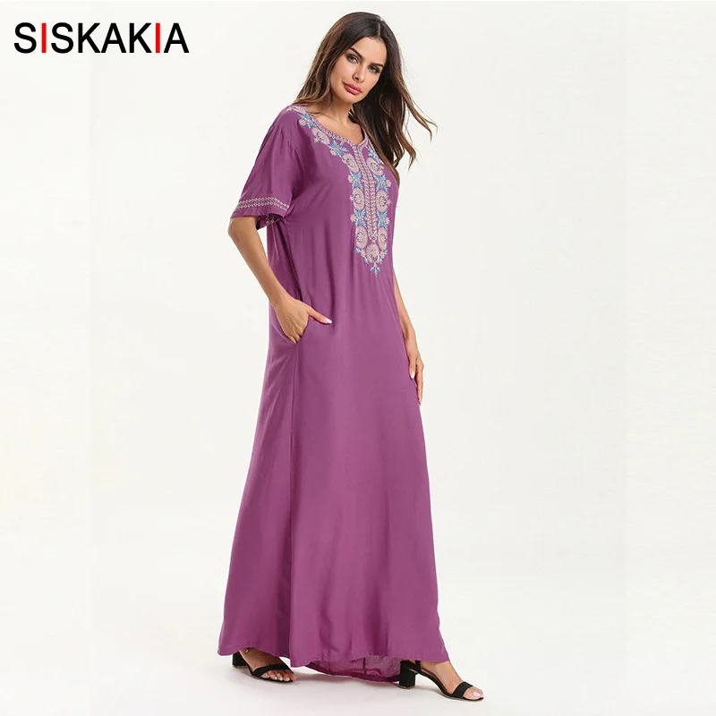 Siskakia Ladies Fashion Floral Print Ethnic Embroidery Design Long Dress Summer 2019 Short Sleeve V-Neck Muslim Clothing Purple
Siskakia Ladies Fashion Floral Print Ethnic Embroidery Design Long Dress Summer 2019 Short Sleeve V-Neck Muslim Clothing Purple