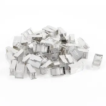 50 Pcs Silver Tone Shielded RJ45 8P8C Network Cable CAT5 End Plug