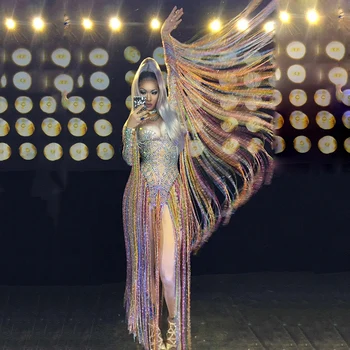 Nightclub Dancer Costumes Sparkly Rhinestones Colorful Tassels Jumpsuit Fringes Sleeve Crystals Bodysuit Rave Stage Wear DT1167
Nightclub Dancer Costumes Sparkly Rhinestones Colorful Tassels Jumpsuit Fringes Sleeve Crystals Bodysuit Rave Stage Wear DT1167