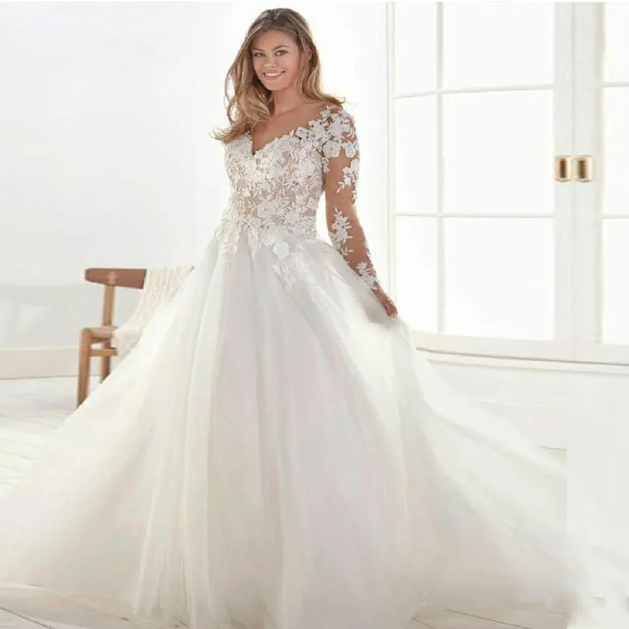Fabulous Tulle V-neck Neckline A-line Wedding Dresses with Lace Appliques V-back Plus Size Bridal Dress Long Sleeve Dress
Fabulous Tulle V-neck Neckline A-line Wedding Dresses with Lace Appliques V-back Plus Size Bridal Dress Long Sleeve Dress