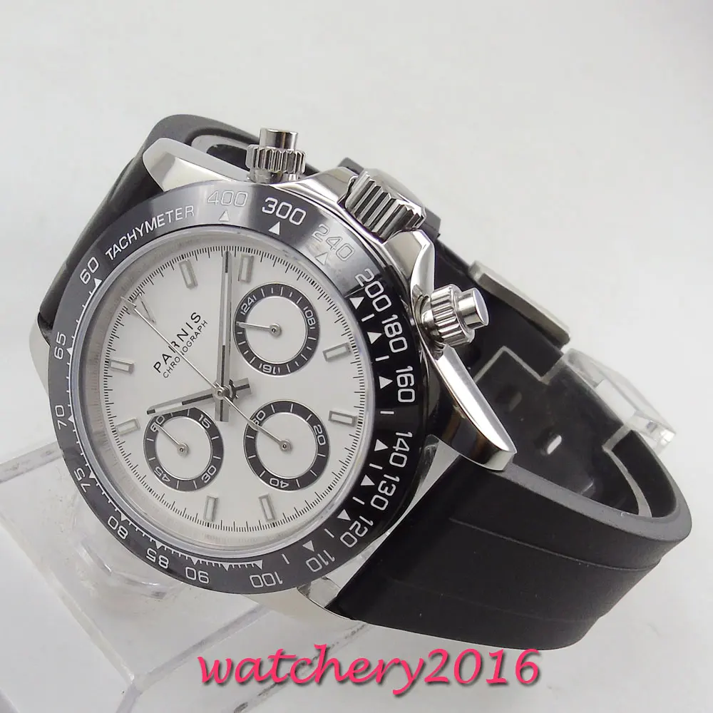 39mm PARNIS White Dial Sapphire Glass Chronograph Rubber strap Quartz Movement men's Watch
39mm PARNIS White Dial Sapphire Glass Chronograph Rubber strap Quartz Movement men's Watch