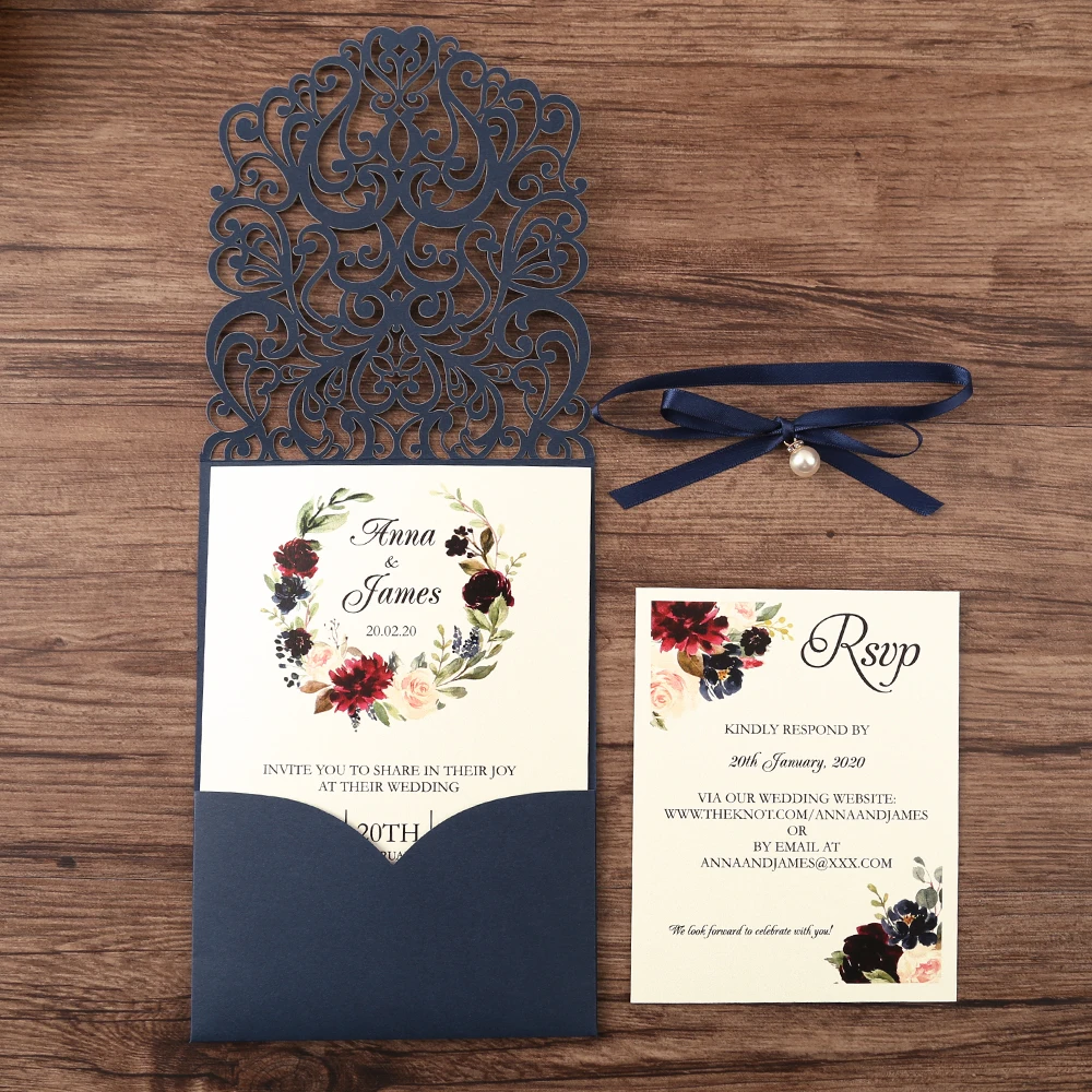 50pcs Navy blue New Arrival Horizontal Laser Cut Wedding Invitations with pearl ribbon,RSVP card,Customizable 
50pcs Navy blue New Arrival Horizontal Laser Cut Wedding Invitations with pearl ribbon,RSVP card,Customizable