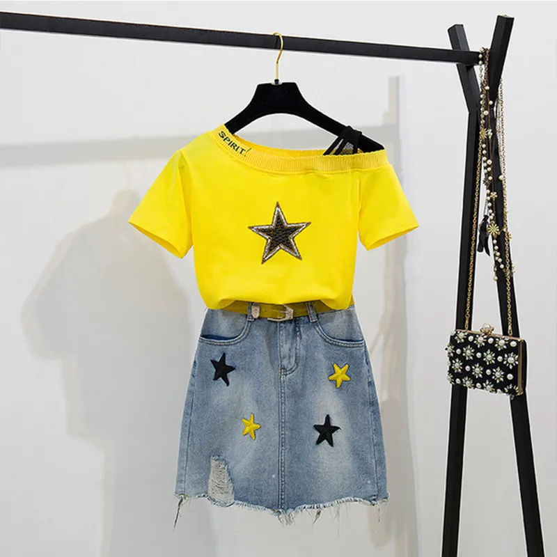 

HAMALIEL High Quality Summer Skirt Suits Women Yellow Sequined Stars Slash Neck T-shirt + Denims Embroidery tassel Skirts Set