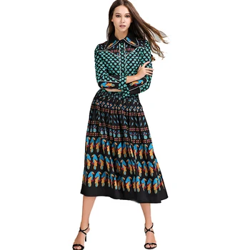 

2019 Top Fashion Runway Bohemian Outfit Blouse Pleated Skirt Women Vintage Printed 2 Pieces Set Celebrity Twin Set Plus Size 4XL