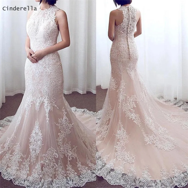 Cinderella Champagne O-Neck Sleeveless Covered Butto Soft Tulle Lace Applique Mermaid Wedding Dresses Lace Bridal Wedding Gowns
Cinderella Champagne O-Neck Sleeveless Covered Butto Soft Tulle Lace Applique Mermaid Wedding Dresses Lace Bridal Wedding Gowns