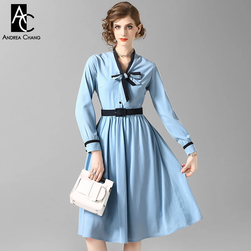 spring autumn woman dress over knee light blue dress ball gown with waist belt collar ribbon bow fashion vintage sweet dress
spring autumn woman dress over knee light blue dress ball gown with waist belt collar ribbon bow fashion vintage sweet dress