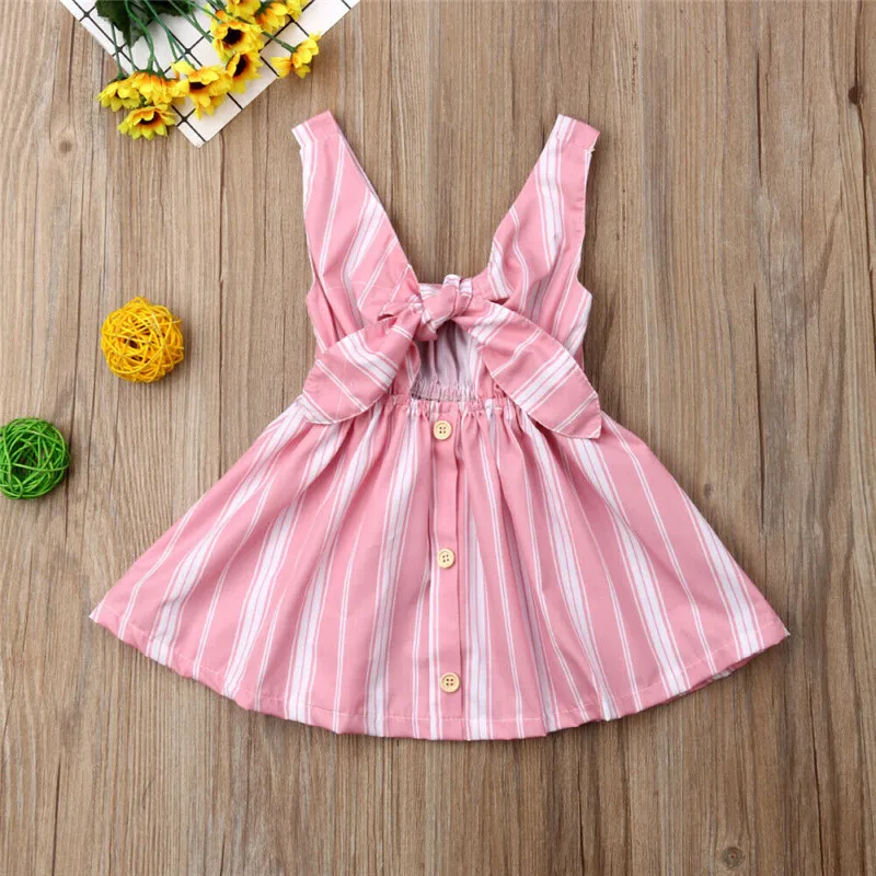 

Kids Baby Girls Striped Dress 6M-4Y Summer Beach Style Sleeveless Bow-knot Hollow Out Sundress Girl Strappy Button Cotton Dress