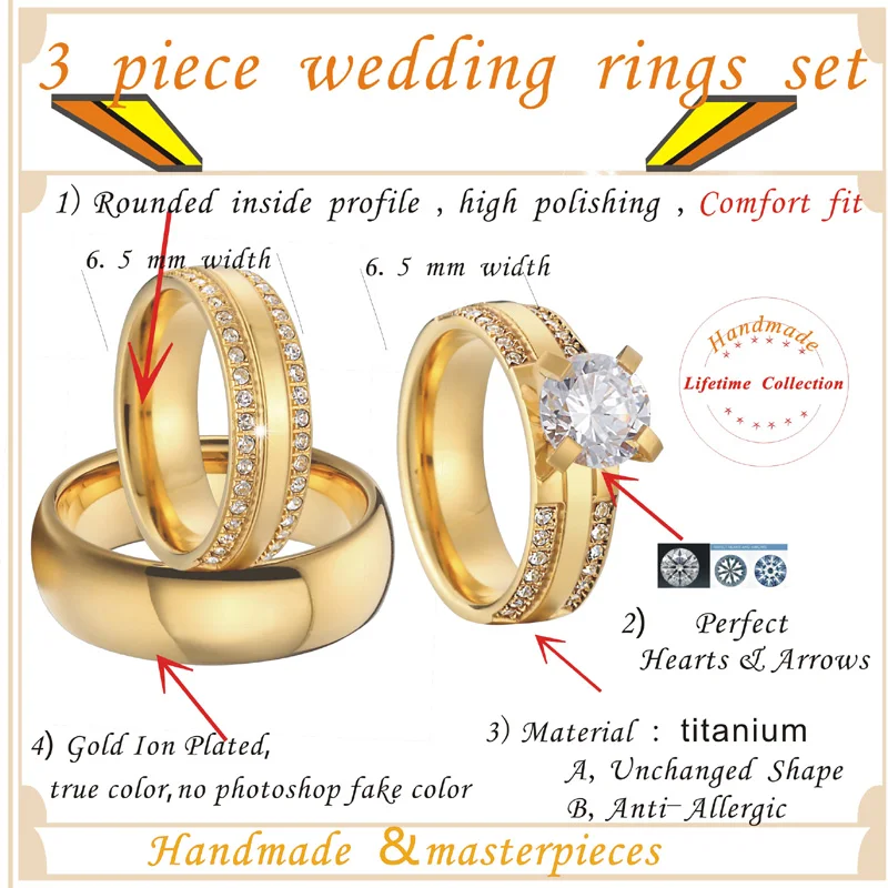 China wholesaler beautiful custom gold color 3 pieces titanium steel couples wedding band engagement rings sets anel (4)