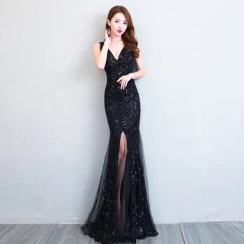 Deep V-Neck Sexy Women Evening Party Dress Gown BLACK Sequins Improved Cheongsam Elegant High Split Mermaid Dresses Vestidos 
Deep V-Neck Sexy Women Evening Party Dress Gown BLACK Sequins Improved Cheongsam Elegant High Split Mermaid Dresses Vestidos