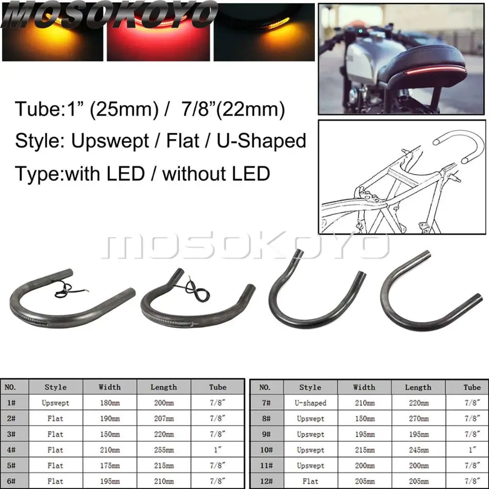 Motorcycle Cafe Racer Upswept Flat Tracker End Rear Seat Hoop 7/8" Or 1" Frame Loop LED Tail Light Turn Signal for Scrambler
Motorcycle Cafe Racer Upswept Flat Tracker End Rear Seat Hoop 7/8" Or 1" Frame Loop LED Tail Light Turn Signal for Scrambler