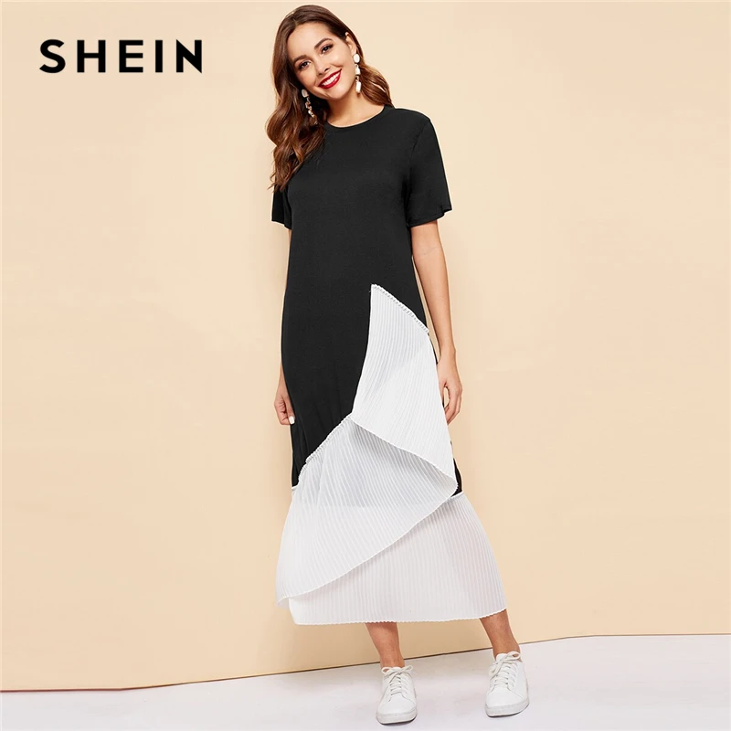 SHEIN Black and White Splice Pleated Hem Longline Summer Modest Dress Women Spring Summer Color-block Abaya Loose Maxi Dresses
SHEIN Black and White Splice Pleated Hem Longline Summer Modest Dress Women Spring Summer Color-block Abaya Loose Maxi Dresses