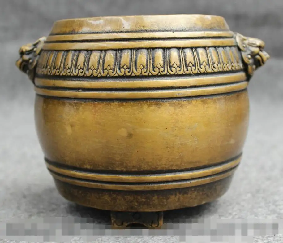 S7325 Tibet Bronze Buddhist Wealth Lion Head Statue Unicorn Jar Incense Burner Censer D0318