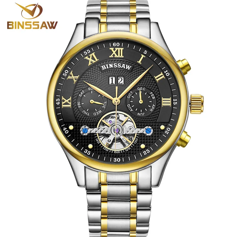 BINSSAW Роскошная Мерк турбийон мужские механические Спортивные Horloges модный бизнес