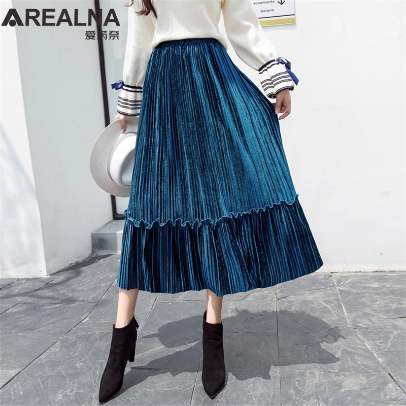 2018 Autumn Winter Women Velvet Pleated Skirt Elastic High Waist Ruffle Midi Skirt Female Causal Streetwear Elegant Blue Skirts
2018 Autumn Winter Women Velvet Pleated Skirt Elastic High Waist Ruffle Midi Skirt Female Causal Streetwear Elegant Blue Skirts