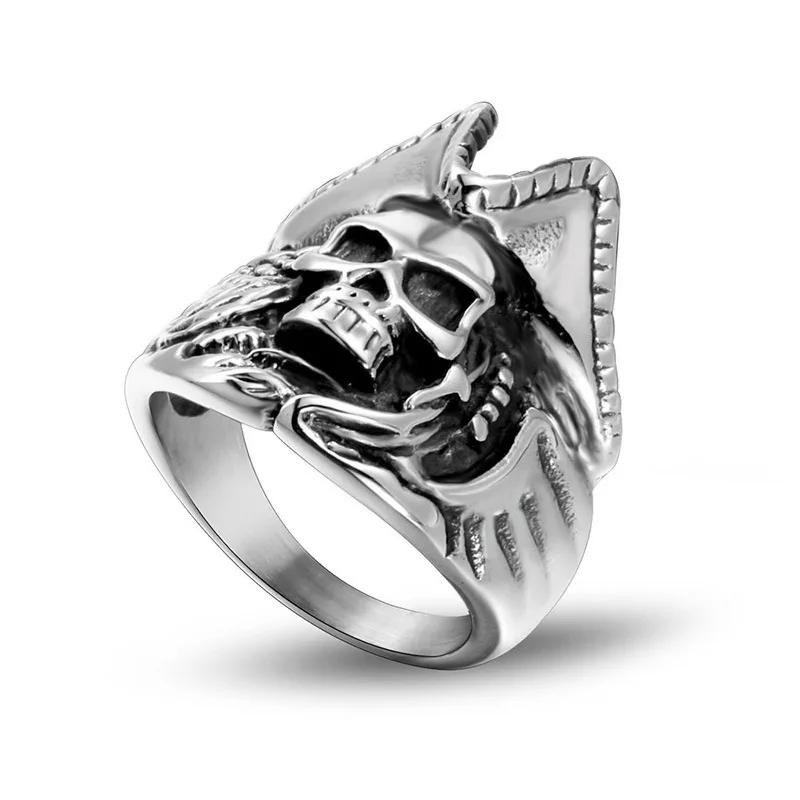 Фото Ретро голова дьявола Татуировка титановое стальное кольцо ангел и дьявол