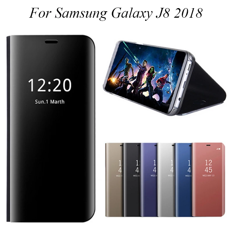 Зеркальный флип чехол для Samsung Galaxy J8 2018 Роскошный прозрачный из искусственной