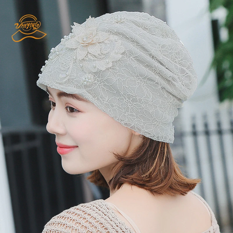 

Hats For Women Beanie Spring Autumn Knitted Hat Cap Lace Flower Skullies Slouchy Beanie Bonnet Womens Turban Hat Gorros Sequins