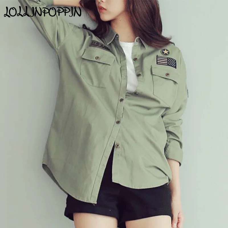 

Women Military Style Army Shirt Long Sleeve Ladies Light Army Green Shirts Badges Embellished Boyfriend Style Casual Shirts