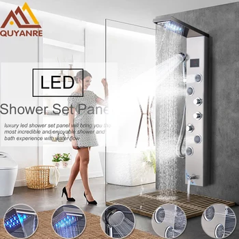 

Luxury LED Rain Waterfall Shower Faucet Set Shower Panel Column 4 Multi-functional Nozzles Massage SPA Jet Temperature Screen