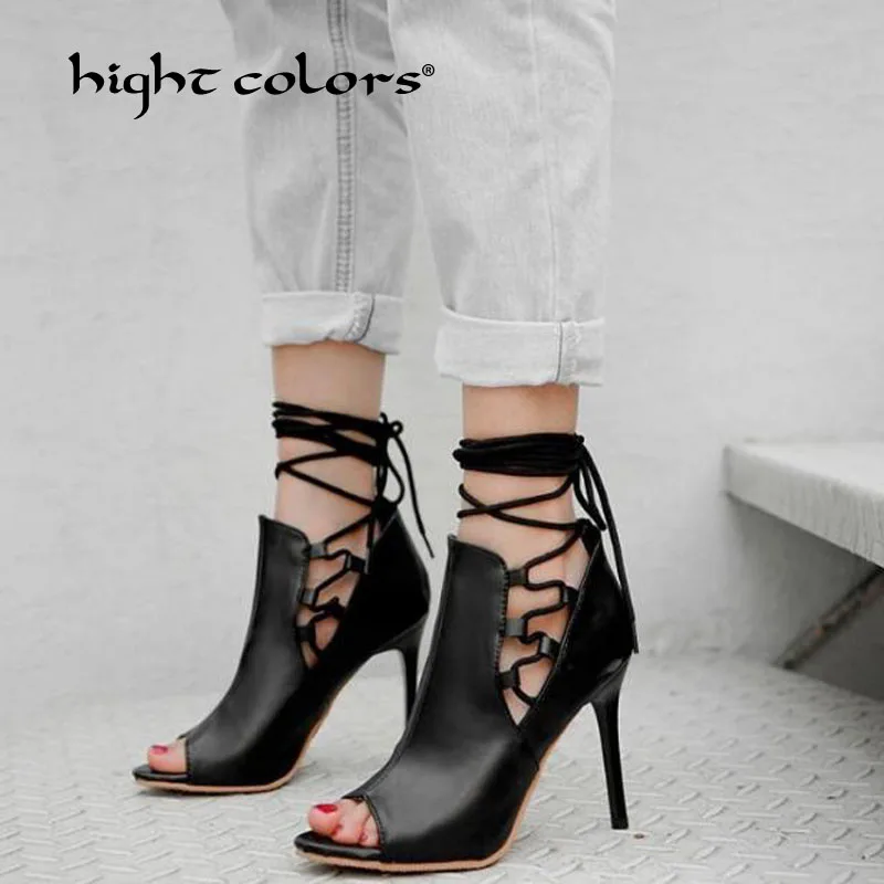 

New 2019 Gladiator Roman Shoes Summer Open-toe Lace-Up Ankle Boots Stiletto 10CM High Heel Women Sexy Shoes Party Bootie DX-057