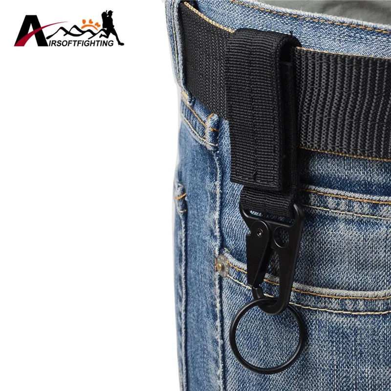 2pcs Tactical Nylon Key Hook Webbing Molle Buckle Key Ring Holder Outdoor Climbing Hanging Belt Carabiner Clip Attachment Strap Black 002