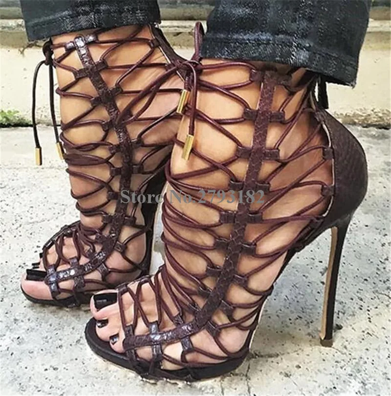 Women Elegant Fashion Peep Toe Thin Strap Cross Stiletto Heel Sandals Lace-up Brown Leather Stripes High Heel Sandals
Women Elegant Fashion Peep Toe Thin Strap Cross Stiletto Heel Sandals Lace-up Brown Leather Stripes High Heel Sandals