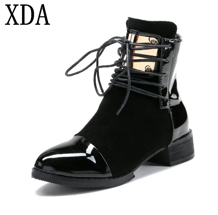 XDA Women Boots Genuine Leather low heel Martin Boots Women Motorcycle Boots Autumn Shoes Women Patent leather ankle boots F19