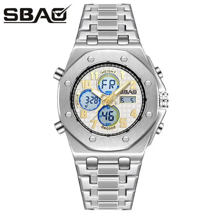 Newest watch double display steel band male watch with alarm clock quartz watch high quality creative new sports watch for man